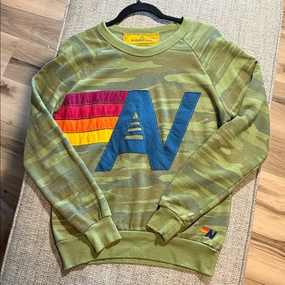 VTG RARE Aviator Nation Logo Stitch Camo Pullover Hoodie Green Women’s XS